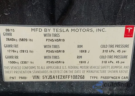2015 Tesla Model S 70D/85D/P85D from USA, damaged, VIN 5YJSA1E2XFF108268